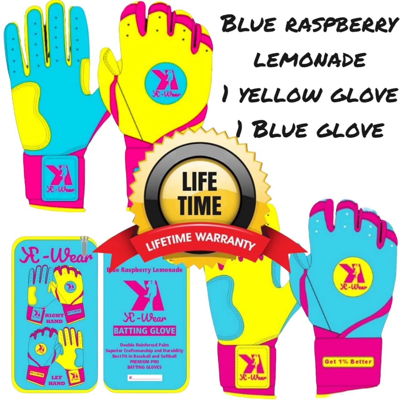 Long Cuff Batting Gloves Blue Raspberry Lemonade LIFETIME WARRANTY